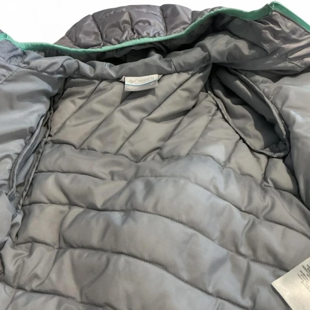 Columbia Puffer Jacket Toddler Girls 3T Grey Mint Green Good Quilted Hooded